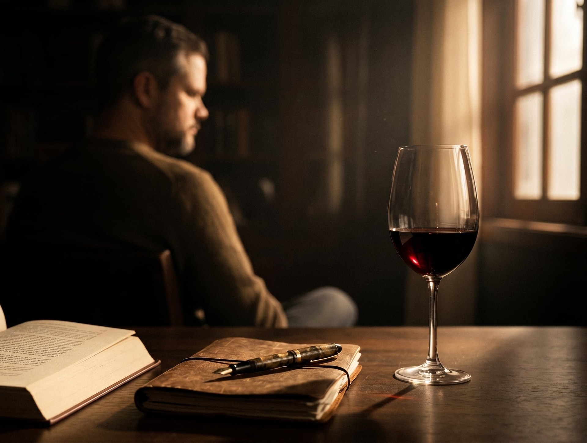 Mesa de leitura em luz baixa: livro aberto, caderno de couro com caneta-tinteiro, taça de vinho tinto e o autor em segundo plano